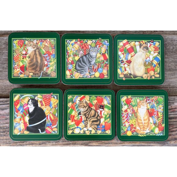 Vintage 1970s Pimpernal England Set of 6 Christmas Cat Kitty Coasters - Picture 10 of 10